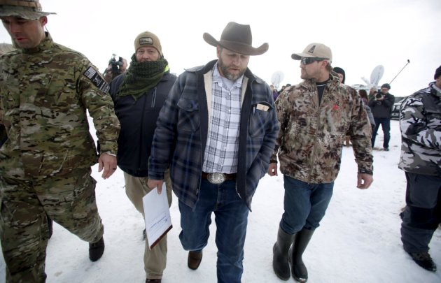 Ammon Bundy departs after addressing the media at the Malheur National Wildlife Refuge near Burns